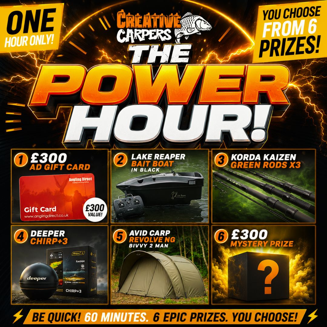 THE POWER HOUR YOU CHOOSE £300 AD GIFT CARD, BAIT BOAT, RODS, DEEPER CHIRP, 2MAN BIVVY OR MYSTERY