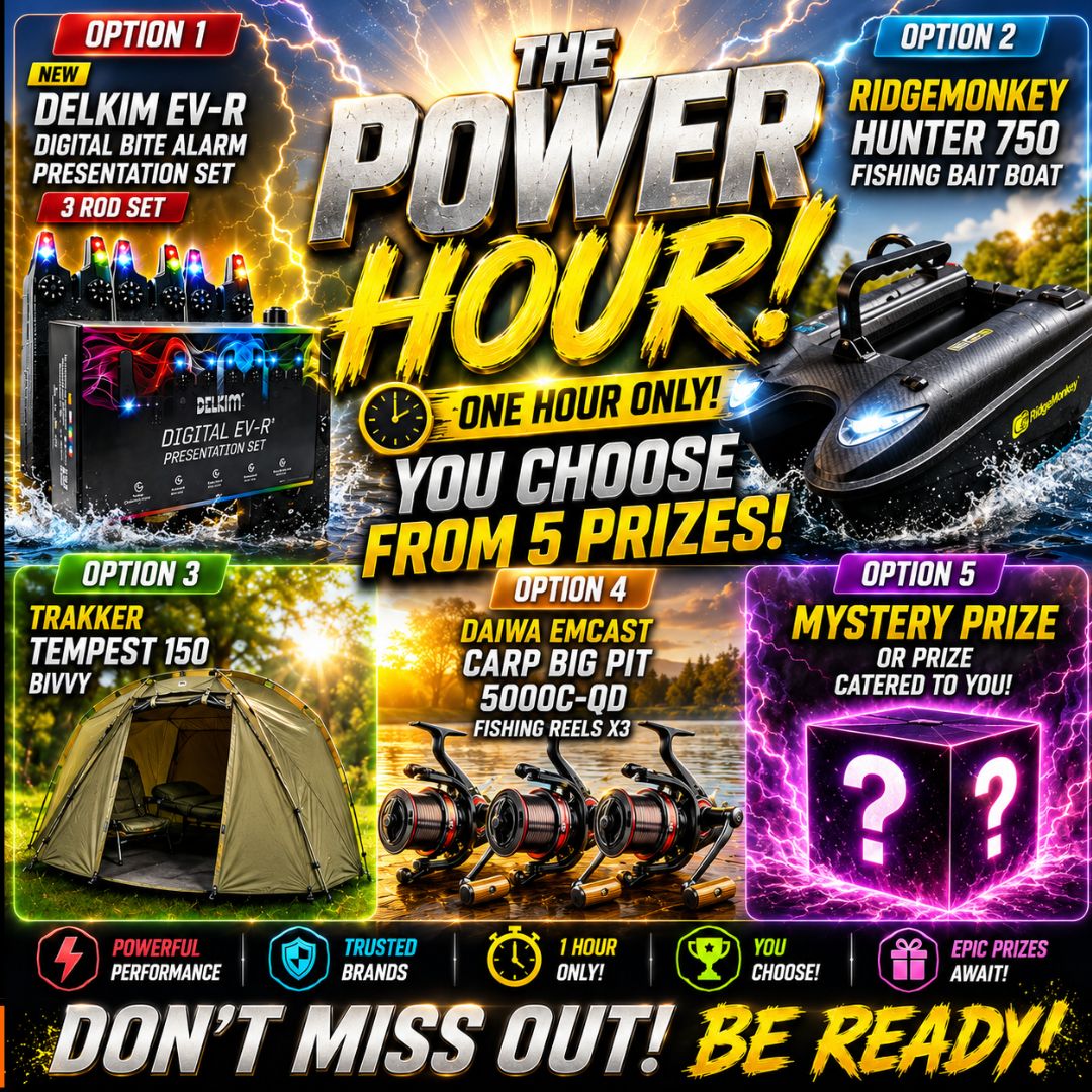 THE POWER HOUR DELKIM EV-R ALARMS, RIDGEMONKEY BAIT BOAT, TRAKKER 150 BIVVY, DAIWA REELS OR MYSTERY