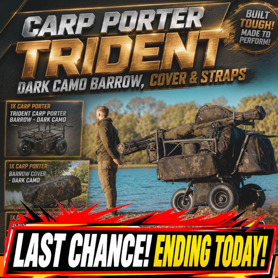 THE BIG ONES CARP PORTER TRIDENT DARK CAMO BARROW, COVER & STRAPS ENDING TODAY