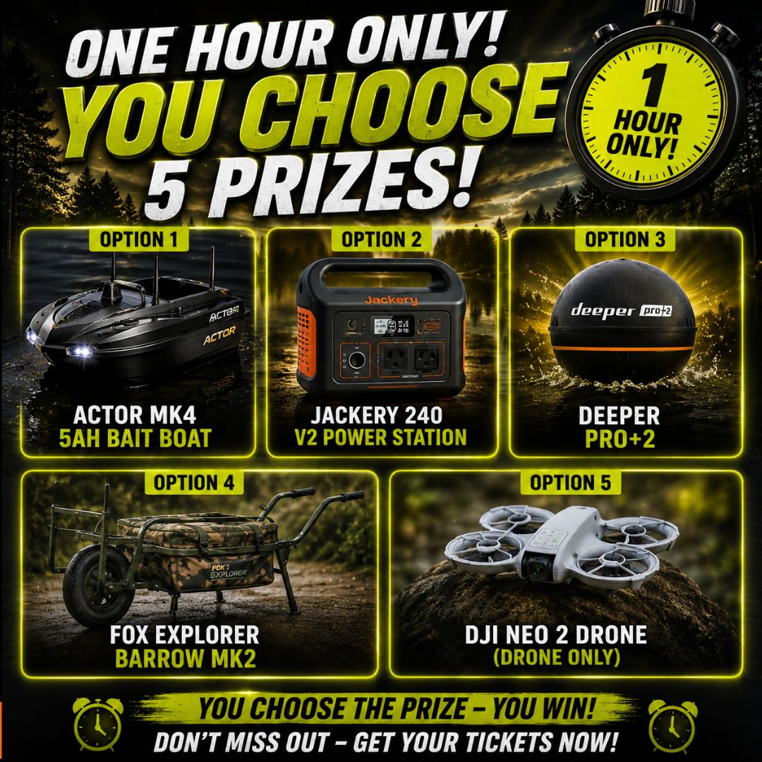 THE POWER HOUR YOU CHOOSE 5 PRIZES – BAIT BOAT, JACKERY POWER STATION, DEEPER PRO+2, FOX MK2 BARROW OR DJI NEO DRONE
