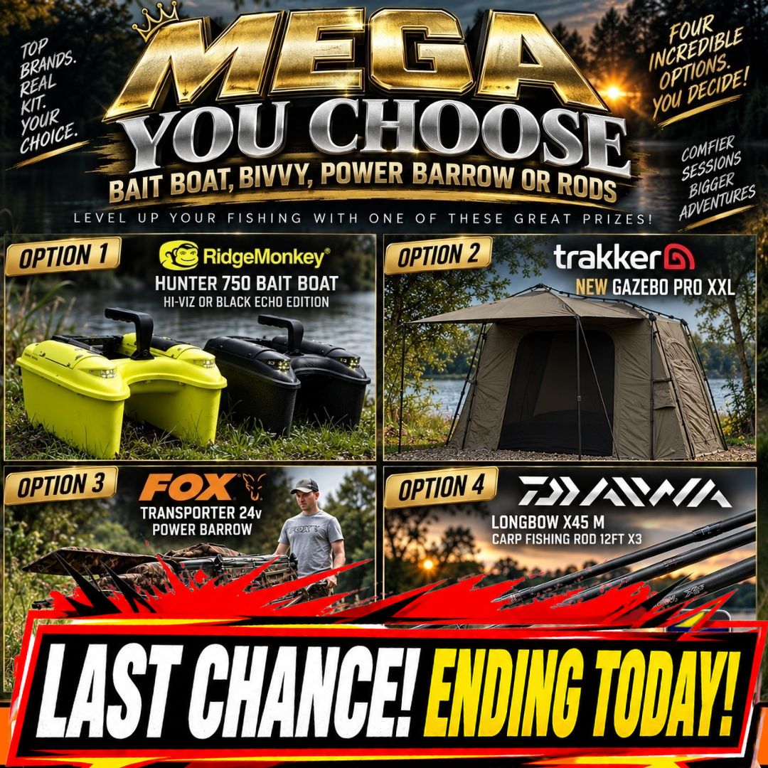 THE BIG ONES MEGA YOU CHOOSE BAIT BOAT, BIVVY, POWER BARROW OR RODS ENDING TODAY