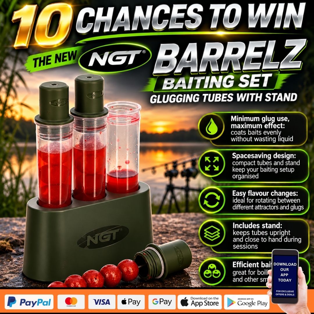 10 CHANCES TO WIN THE NEW NGT BARRELZ BAITING SET GLUGGING TUBES WITH STAND